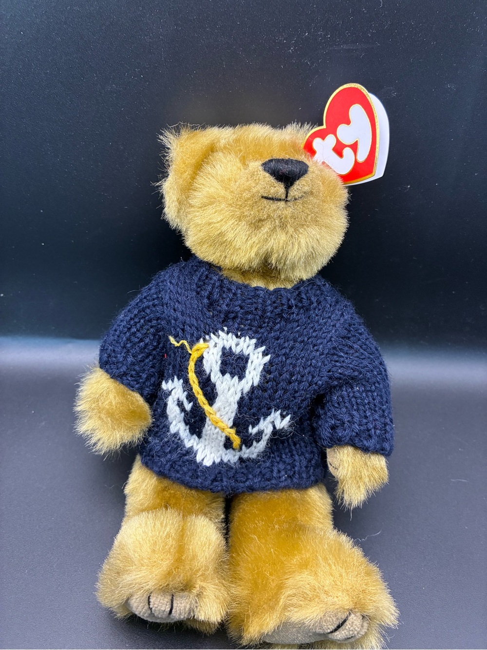 Ty Brown Bear in Navy Sweater with White Anchor-Salty